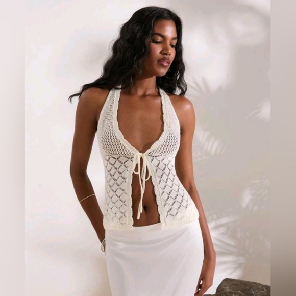 Tie Front Backless Halter Neck Cover Up Top, For Summer Beach Vacation - Picture 1 of 5